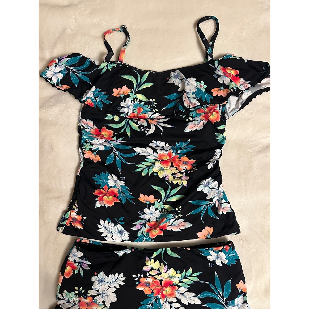 Tommy Bahama Womens XS Black Floral Tankini Set Ruffle Top Skirt Rouched Sides - Picture 3 of 15